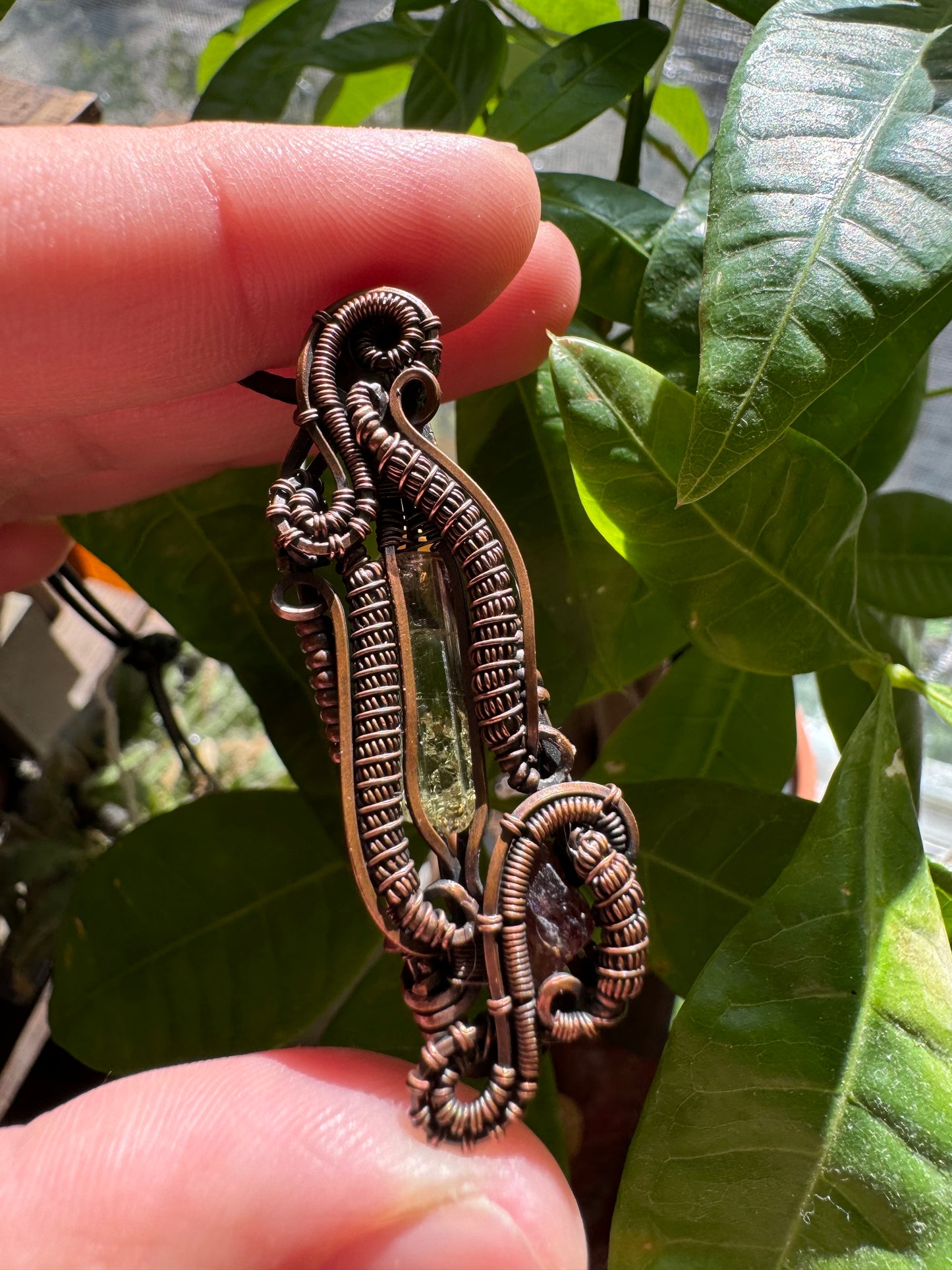 Bi-colored Tourmaline and Garnet In Copper