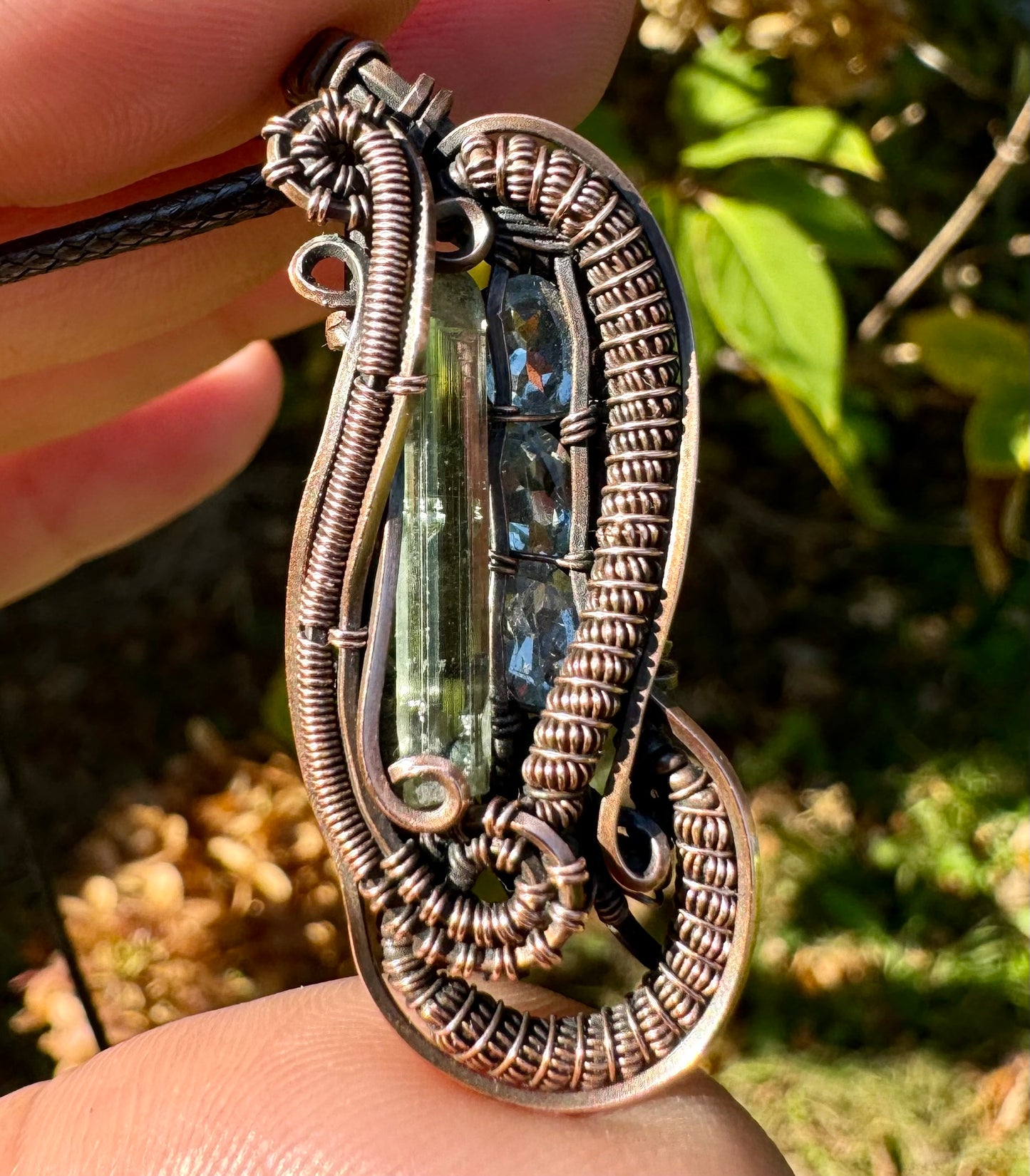 Green Tourmaline and Aquamarine in Copper