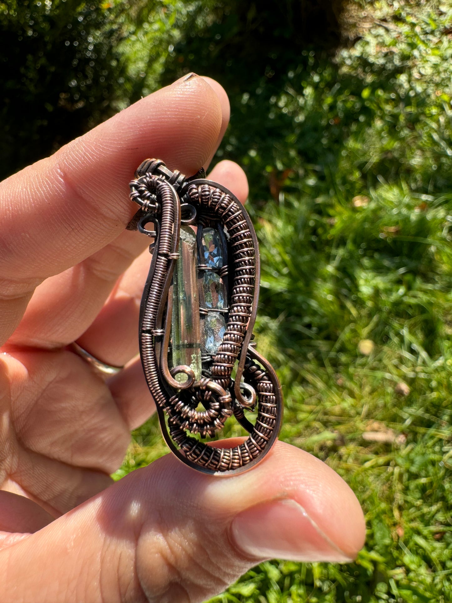 Green Tourmaline and Aquamarine in Copper