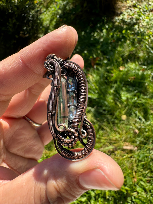 Green Tourmaline and Aquamarine in Copper